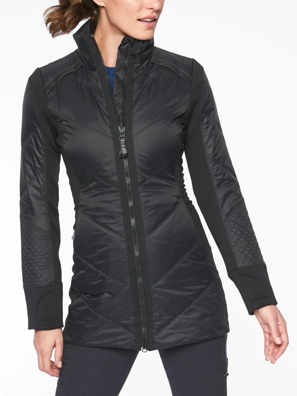 Athleta Black Long Quilted Performance Puffer Jacket Fitted Size S